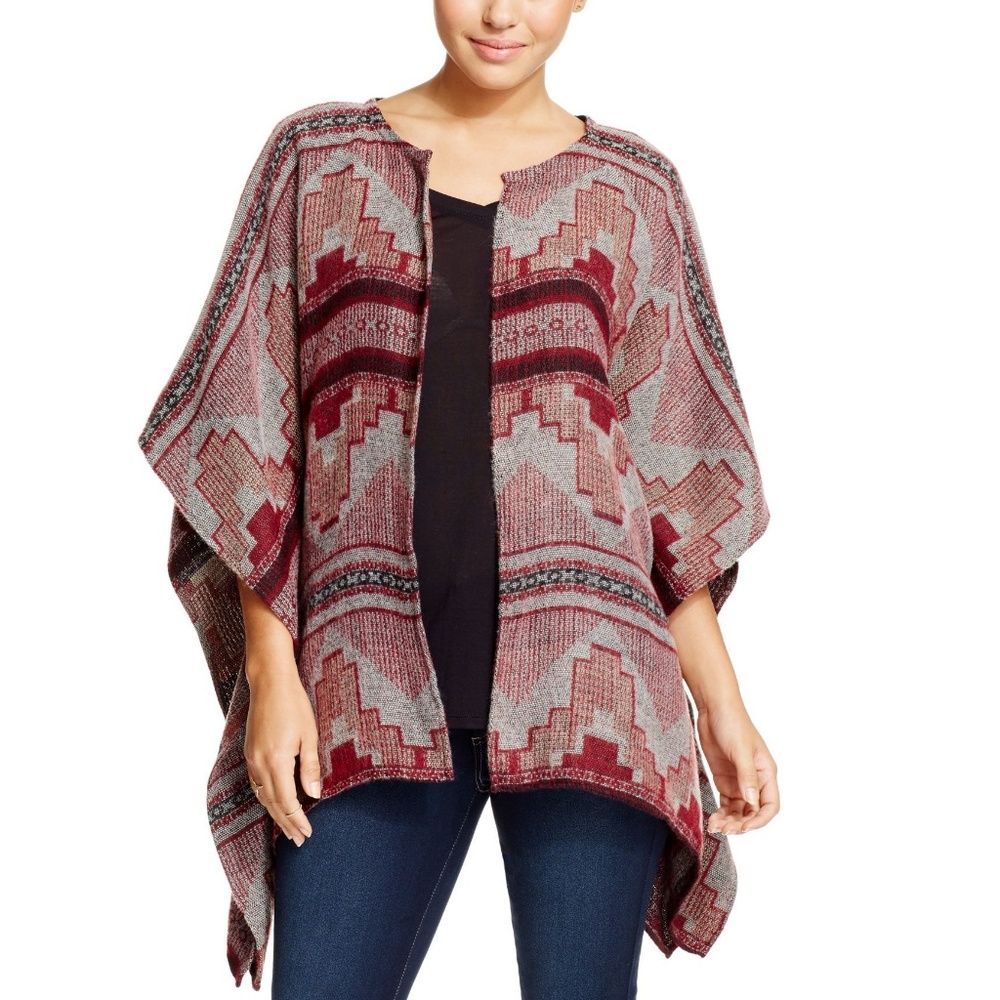 Mayan Pattern Hooded Poncho Sweater M L